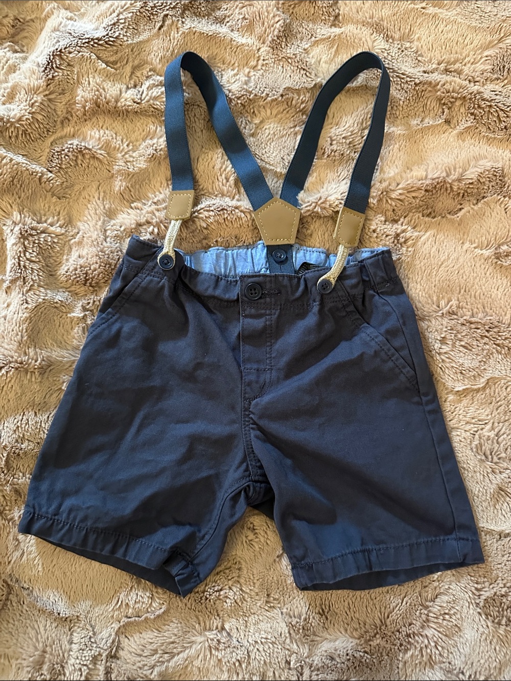 Blue Toddler Shorts with Adjustable Suspenders, 12-18 months